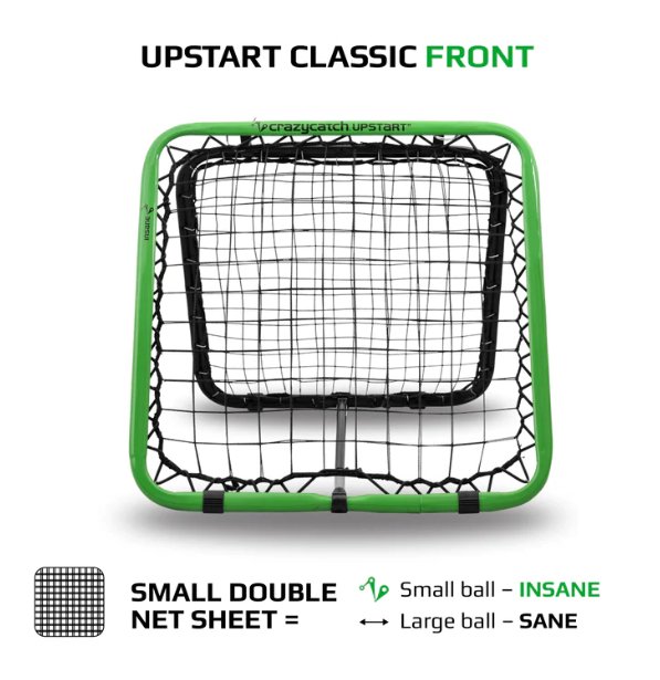 Crazy Catch Upstart 2.0 portable rebound net showing double-sided black mesh for hand-eye coordination training outdoors