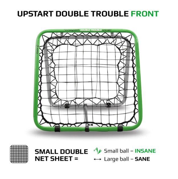 Crazy Catch Upstart Double Trouble rebound net with dual-sided black mesh frame, designed for rugby training accuracy and reaction skills
