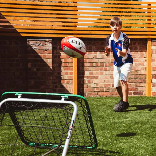 Crazy Catch Upstart Double Trouble rebound net showing dual-sided black mesh for rugby training hand-eye coordination practice