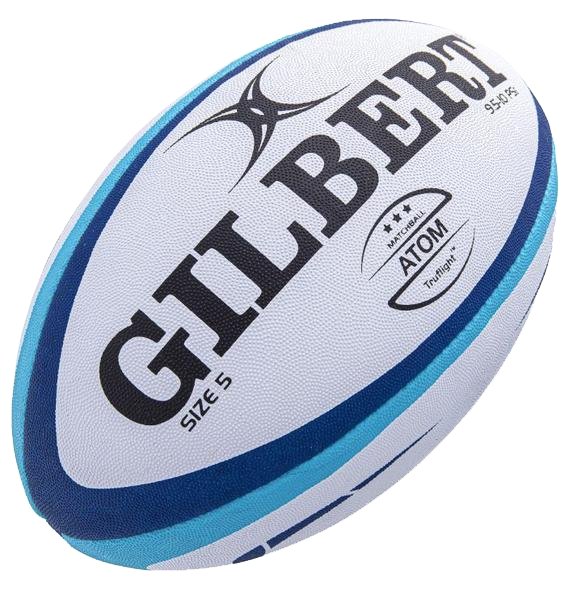 Stacked Ram Rugby custom Gilbert rugby balls with club logos printed, showcasing vibrant red and white Kinetica Match design.
