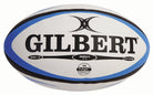 Close-up of Ram Rugby custom Gilbert rugby ball in white with blue and red logo prints, perfect for team branding.