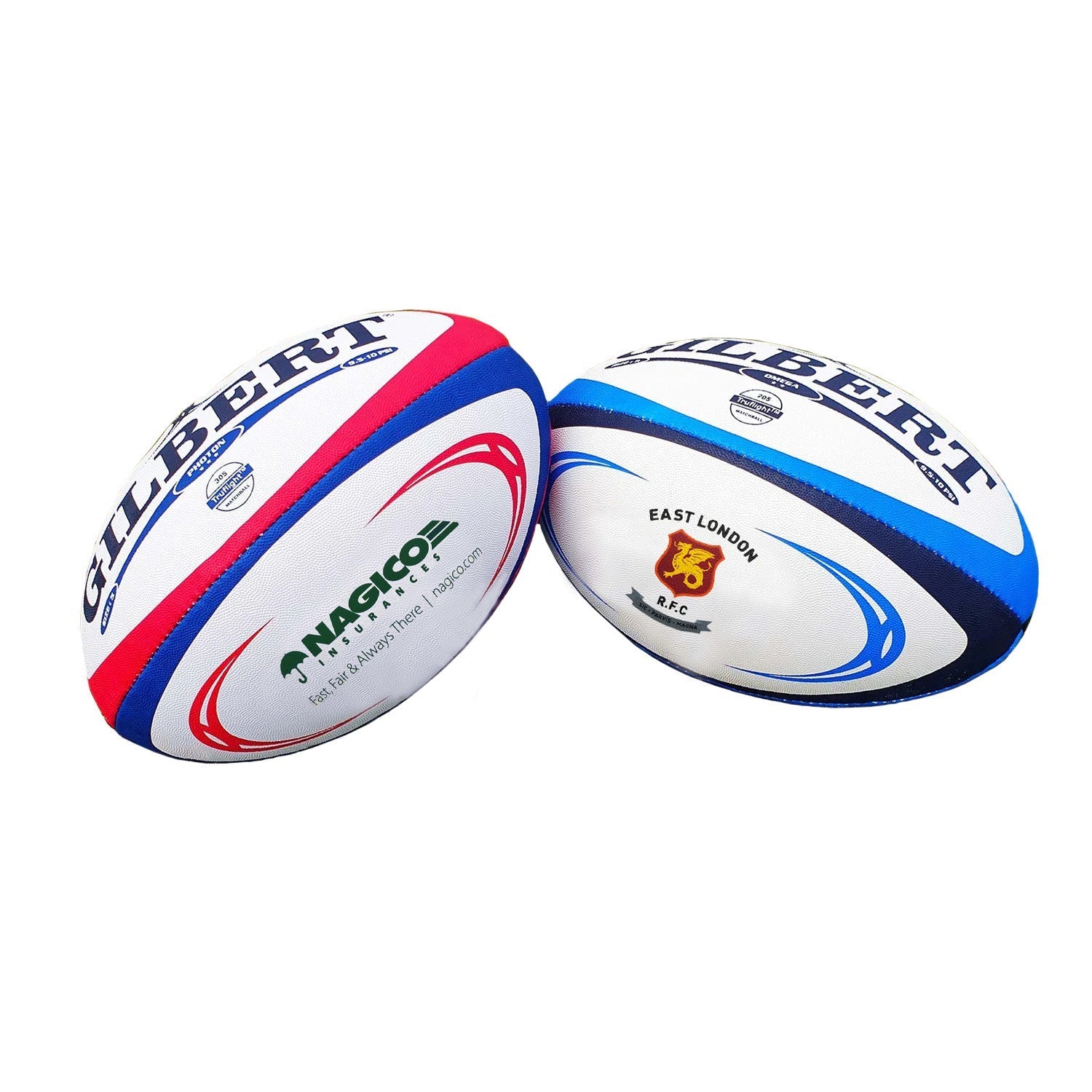 Custom Gilbert rugby balls by Ram Rugby featuring vibrant club logos on white synthetic leather for team branding.