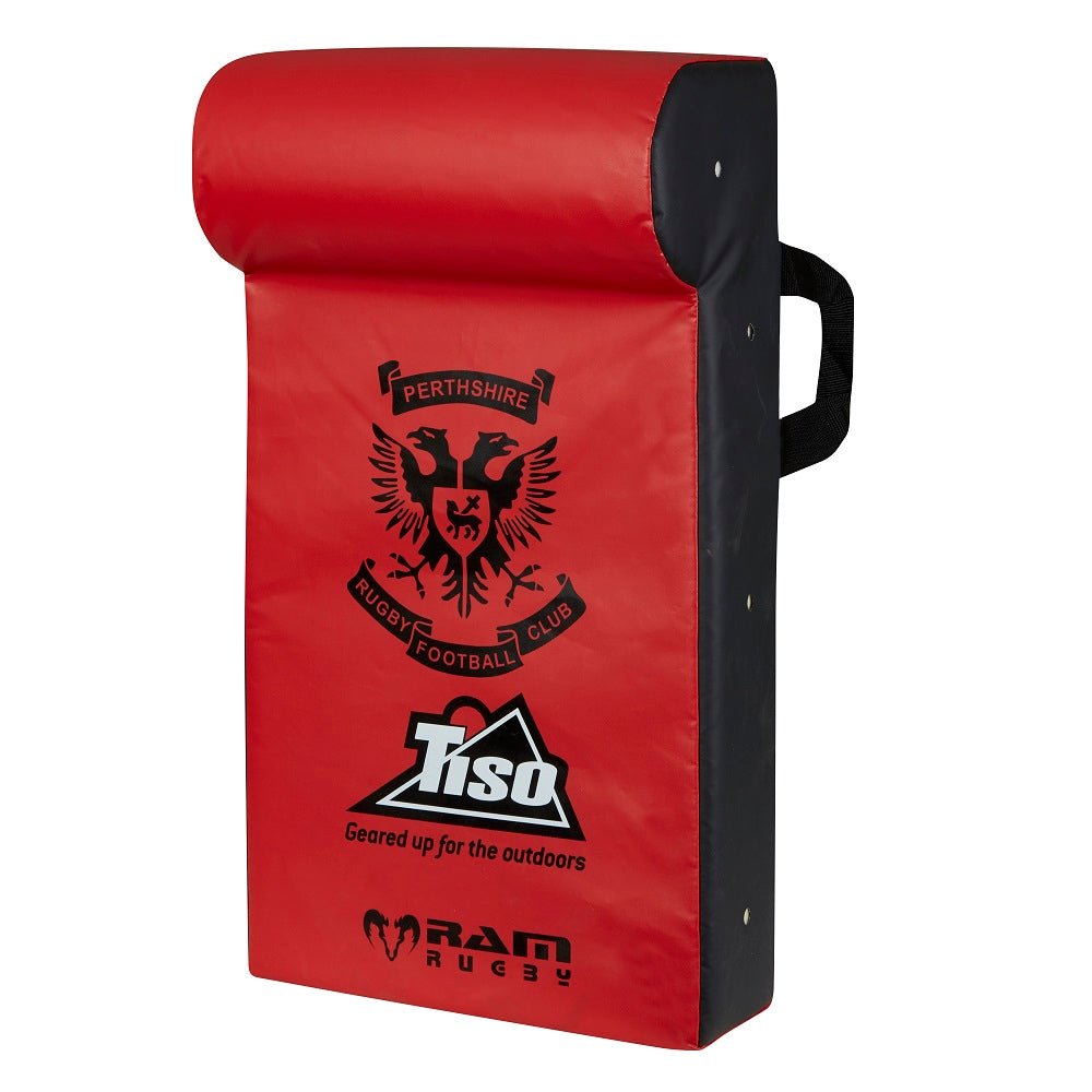 Ram Rugby Custom Hit Shield in blue with white logos, durable training equipment designed for rugby practice and tackling drills