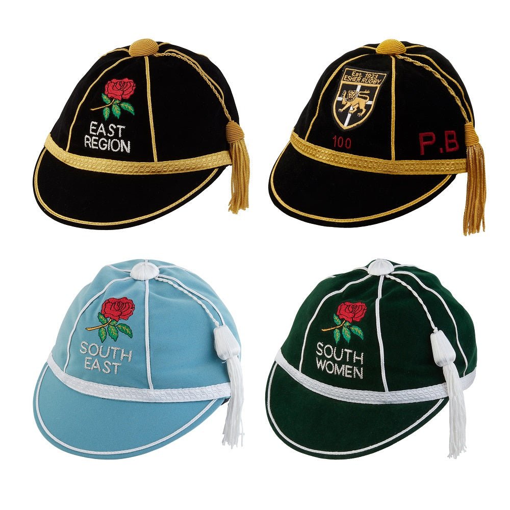 Ram Rugby Custom Honours Cap in deep velvet with embroidered crest and initials, featuring silk lining and tassel detail