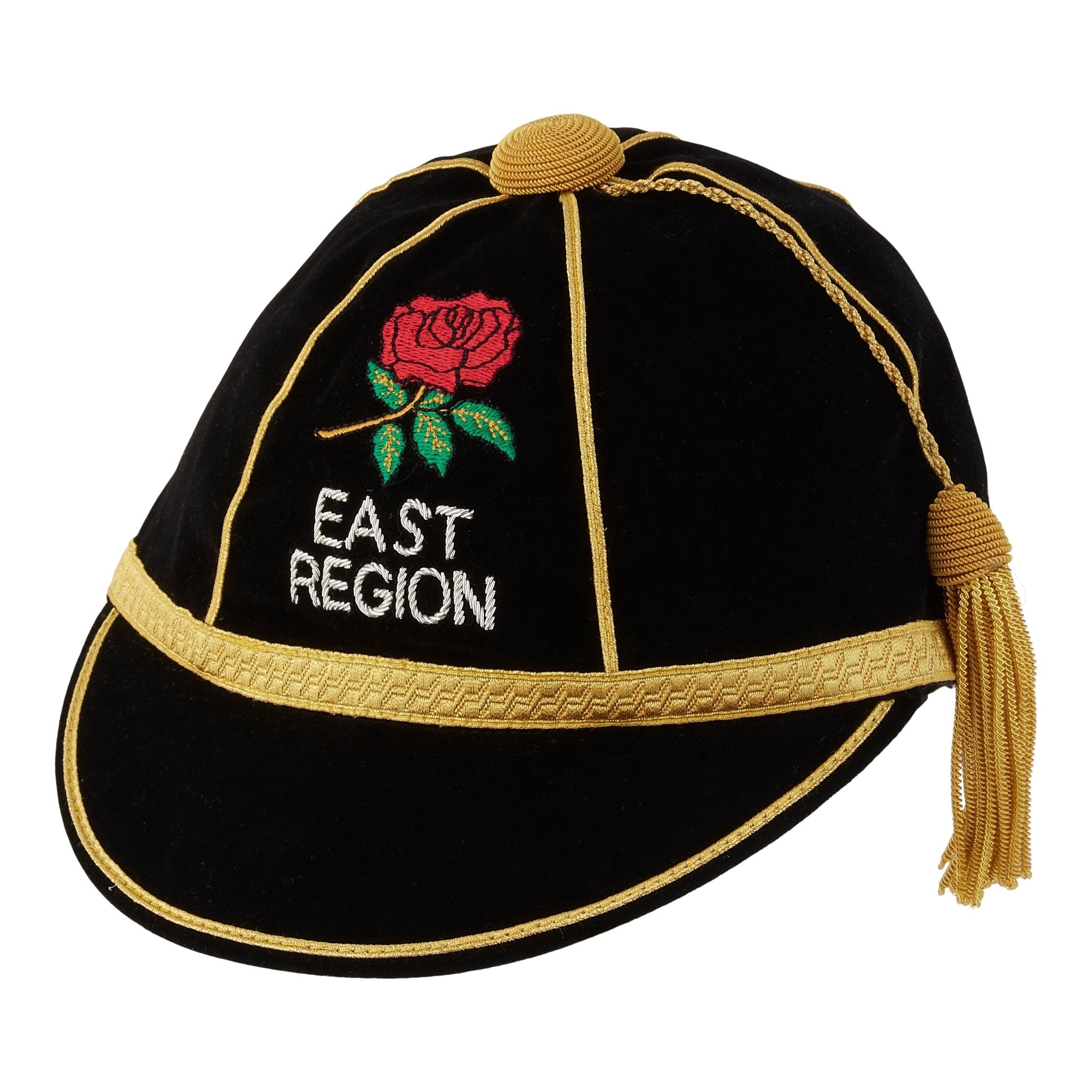 Ram Rugby Custom Honours Cap in navy velvet with gold crest and white embroidered initials, featuring silk tassel and cotton lining
