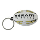 Ram Rugby custom printed rugby ball keyrings in rubber material with club logo, ideal for promotional giveaways and gifts