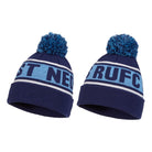 Ram Rugby custom knitted bobble hats in assorted colors showing detailed logo embroidery on 100% acrylic beanies