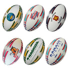 Ram Rugby custom printed Victor Raider Touch rugby balls in white with logos, ideal for clubs, schools, and sponsors.