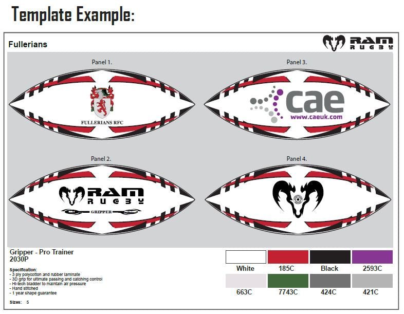 Ram Rugby custom Victor Raider Touch match ball in white with red and blue printed logos for club branding