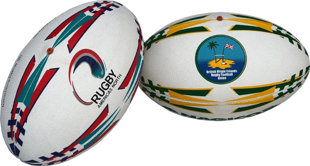 Set of 15 Ram Rugby custom Victor Raider match balls in white with personalized logos and full-color printing for teams