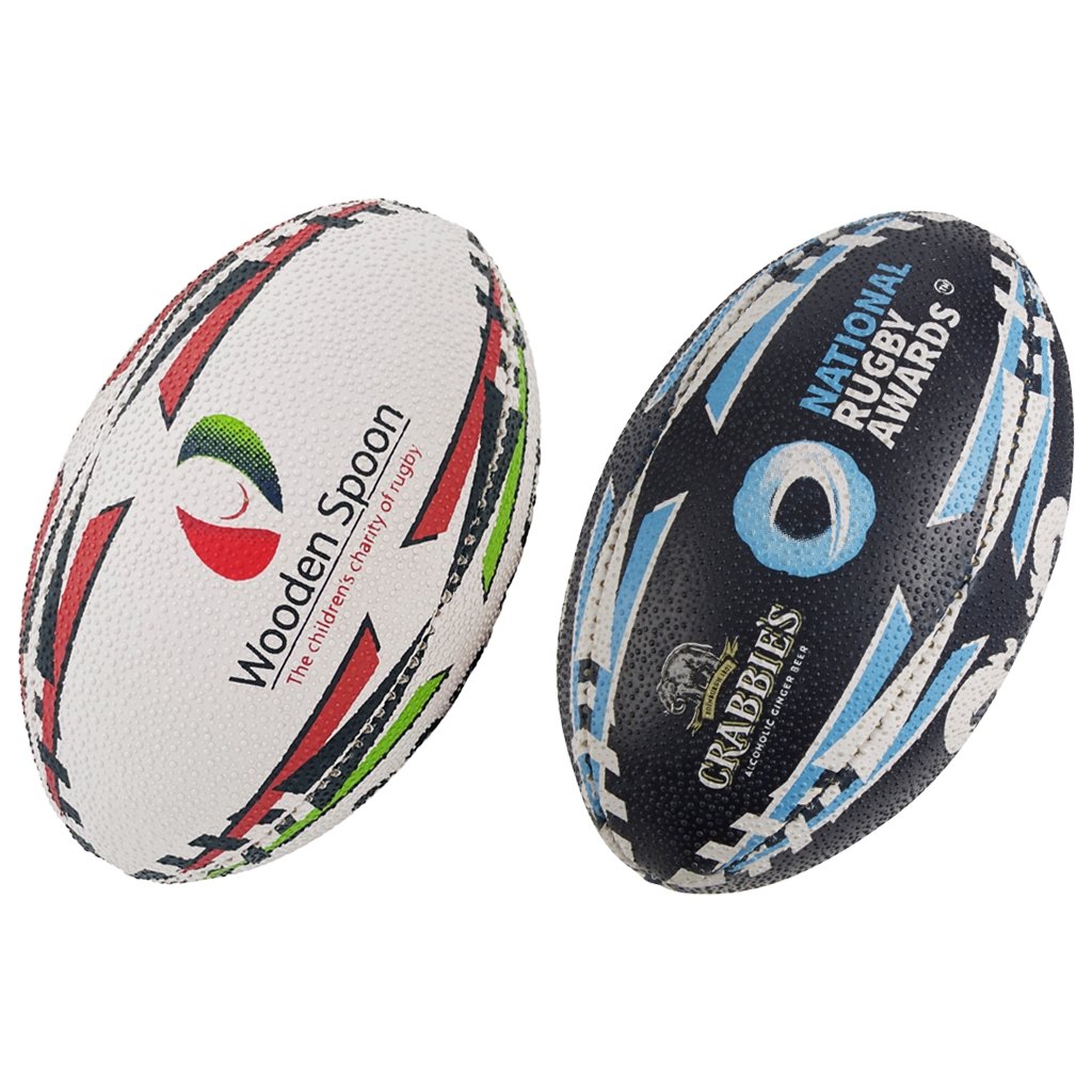 Ram Rugby custom printed mini and midi rugby balls in vibrant colors with logo, perfect for schools and promotional gifts