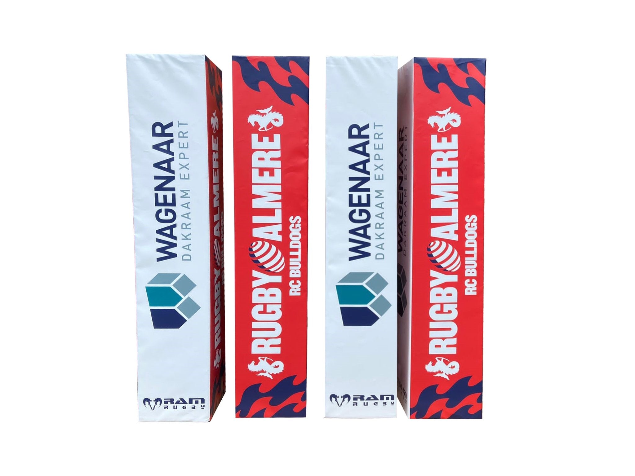 Set of 4 Ram Rugby custom digitally printed rugby post protectors in vibrant colors with 8cm thick durable padding