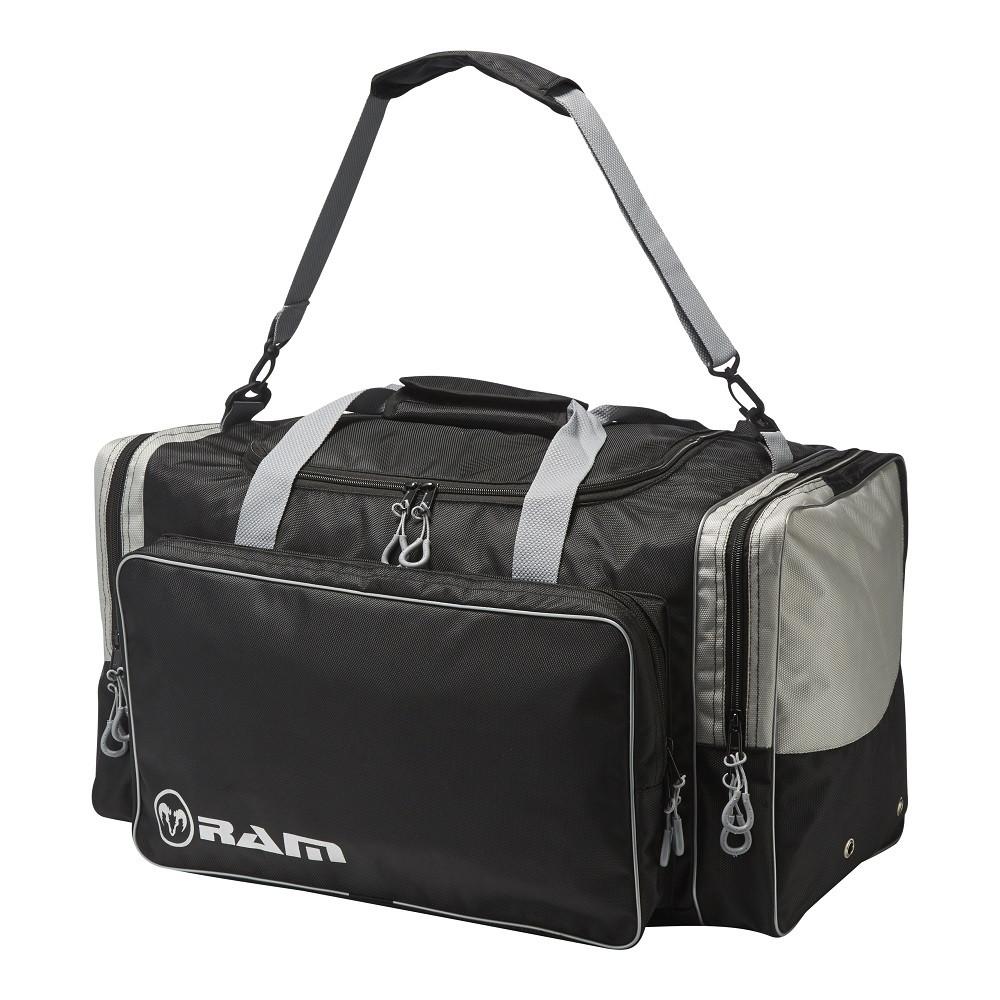 Ram Rugby Custom Pro Players Kit Bag in black Cordura with embroidered logo, padded strap, and multiple internal pockets