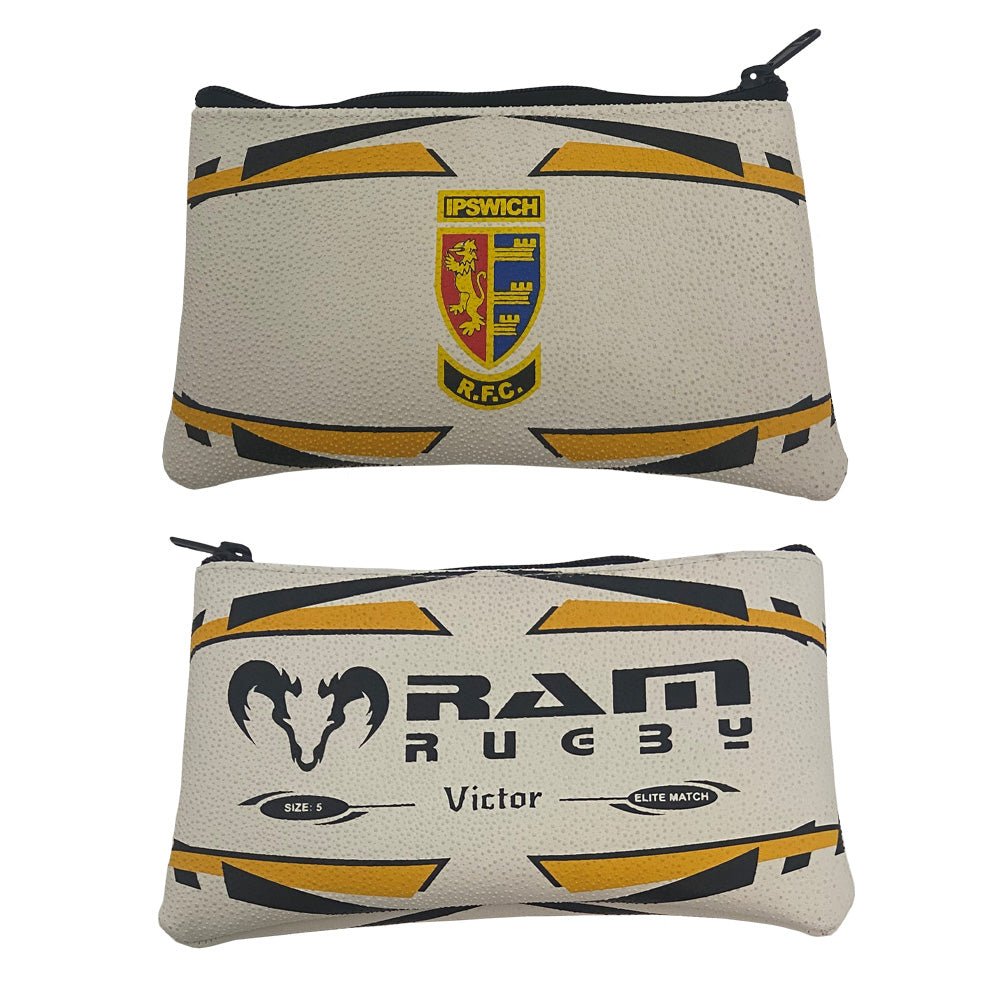 Ram Rugby custom rugby ball pencil case in black rubber with authentic textured grip and cotton lining, 22cm length
