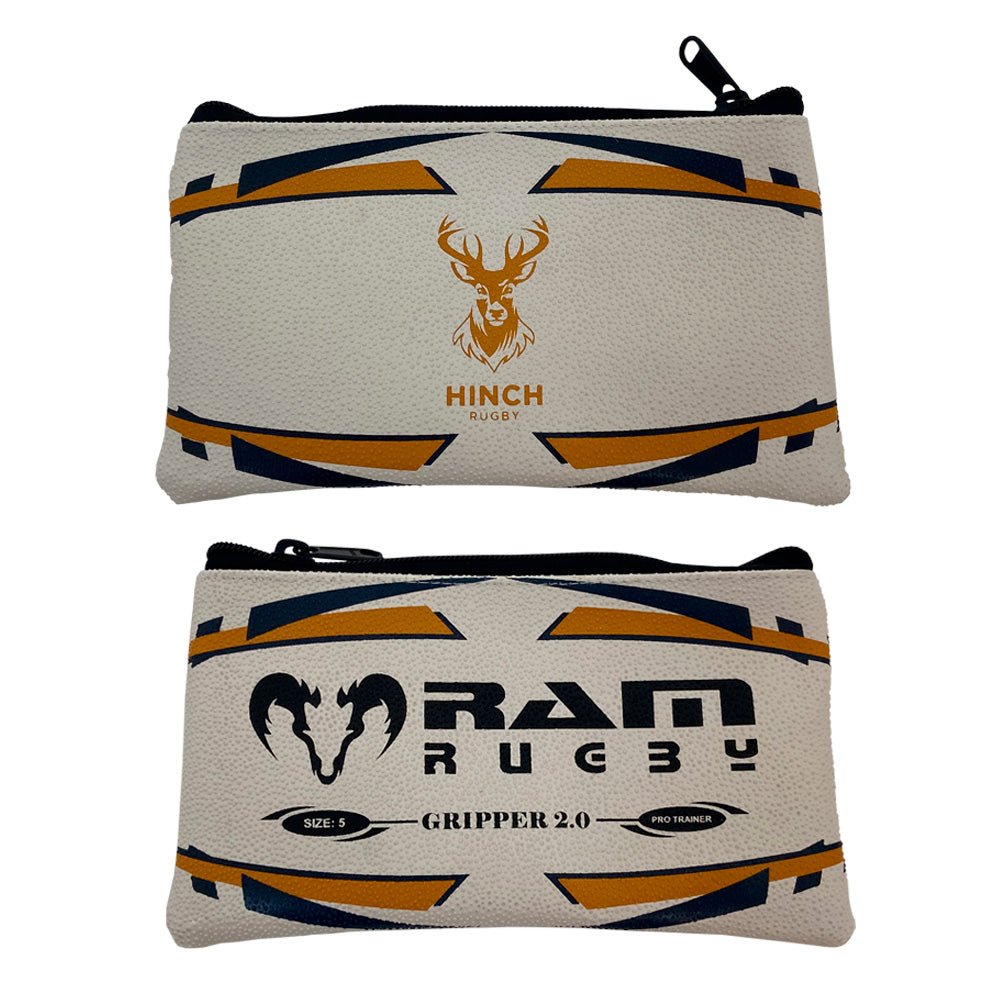 Ram Rugby Custom Rugby Ball Pencil Case in black rubber with textured grip and cotton lining, 22cm length, durable design