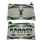 Ram Rugby custom rugby ball pencil case in brown rubber with realistic grip texture and logo personalization detail.