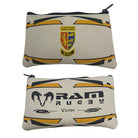 Ram Rugby custom rugby ball pencil case in brown rubber with embossed grip texture and personalized logo on side