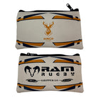 Ram Rugby custom rugby ball pencil case in brown rubber with white stitching and personalized logo, durable grip texture