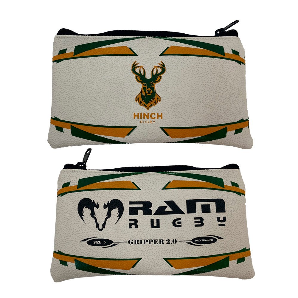 Ram Rugby custom rubber rugby ball pencil case with logo personalization, durable textured grip, 22cm length, black and white design