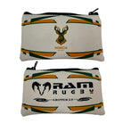 Ram Rugby custom rubber rugby ball pencil case with logo personalization, durable textured grip, 22cm length, black and white design