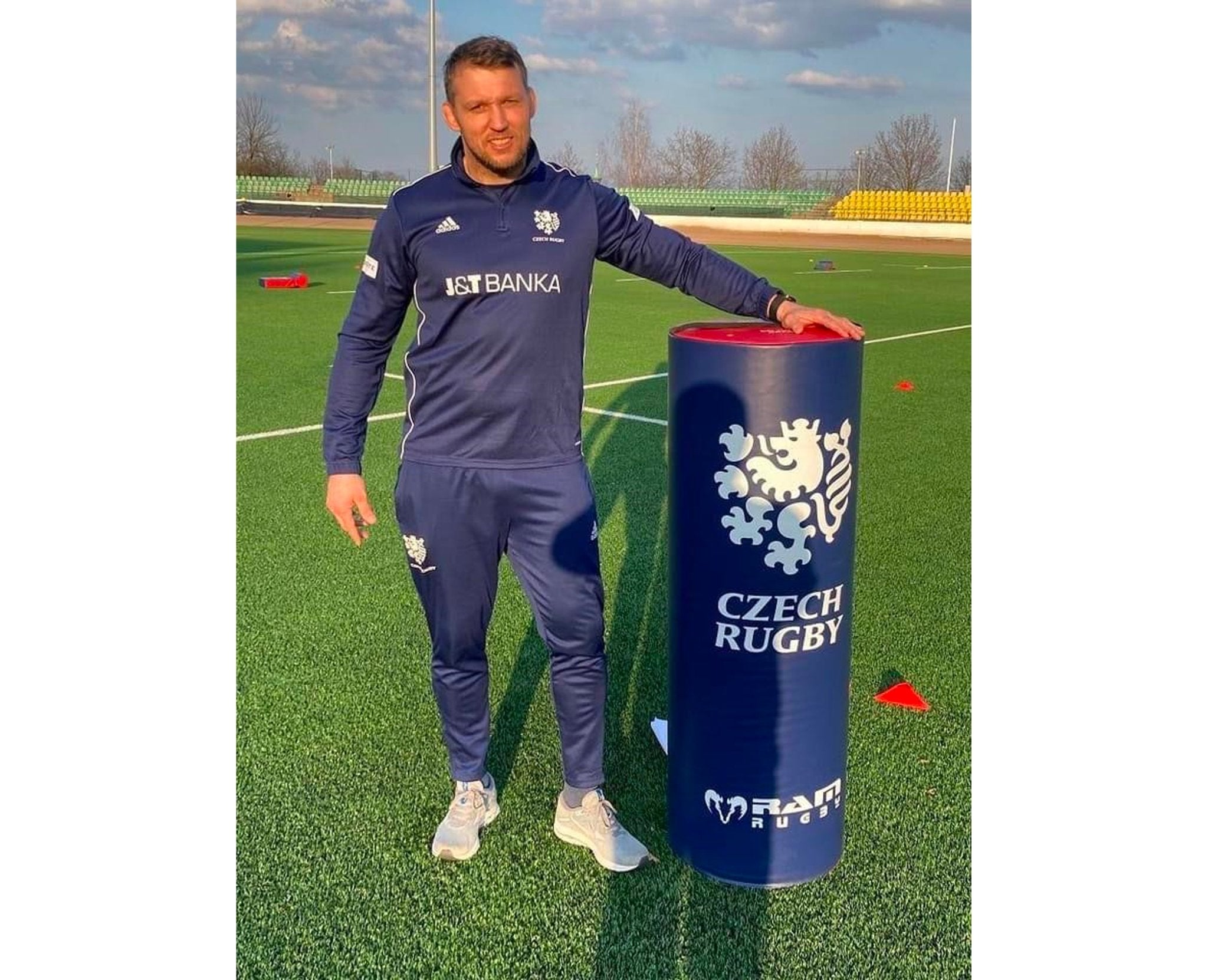 Ram Rugby custom rugby tackle bag in blue and white with club logos, UK made durable training gear, 5 week delivery time