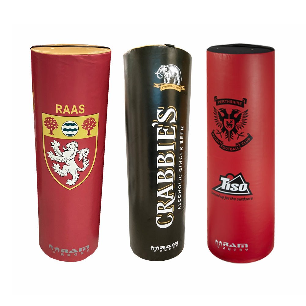 Ram Rugby custom tackle bag in black and blue with multiple logos, UK made, designed for rugby training and warm-ups