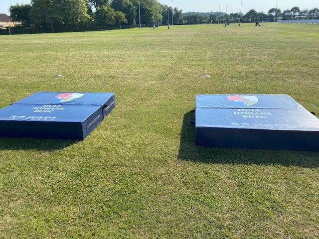 Ram Rugby custom durable tackling mat with printed logo, reinforced non-slip PVC base, ideal for wrestling and crash drills