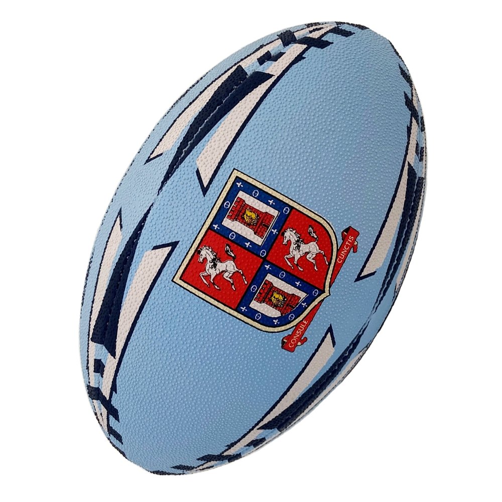 Ram Rugby Custom Printed Training Ball in bright white with personalized club logos, designed for rugby practice and skill development