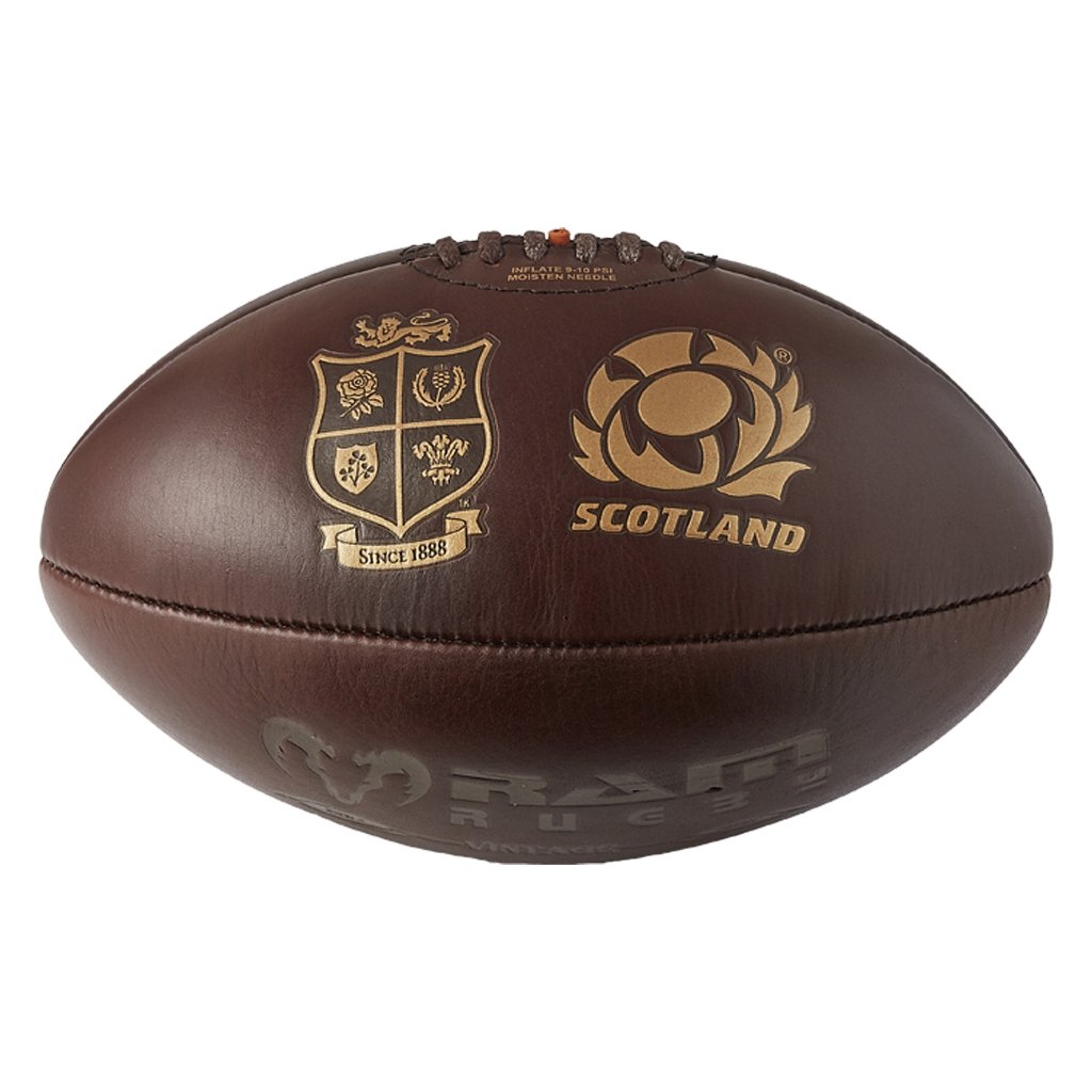 Ram Rugby Custom Vintage Heritage Leather Rugby Ball Size 5 showing close-up of detailed stitching and textured brown leather surface