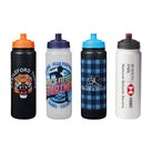 Set of custom Ram Rugby water bottles with ergonomic design and push-pull lid, ideal for team training hydration.