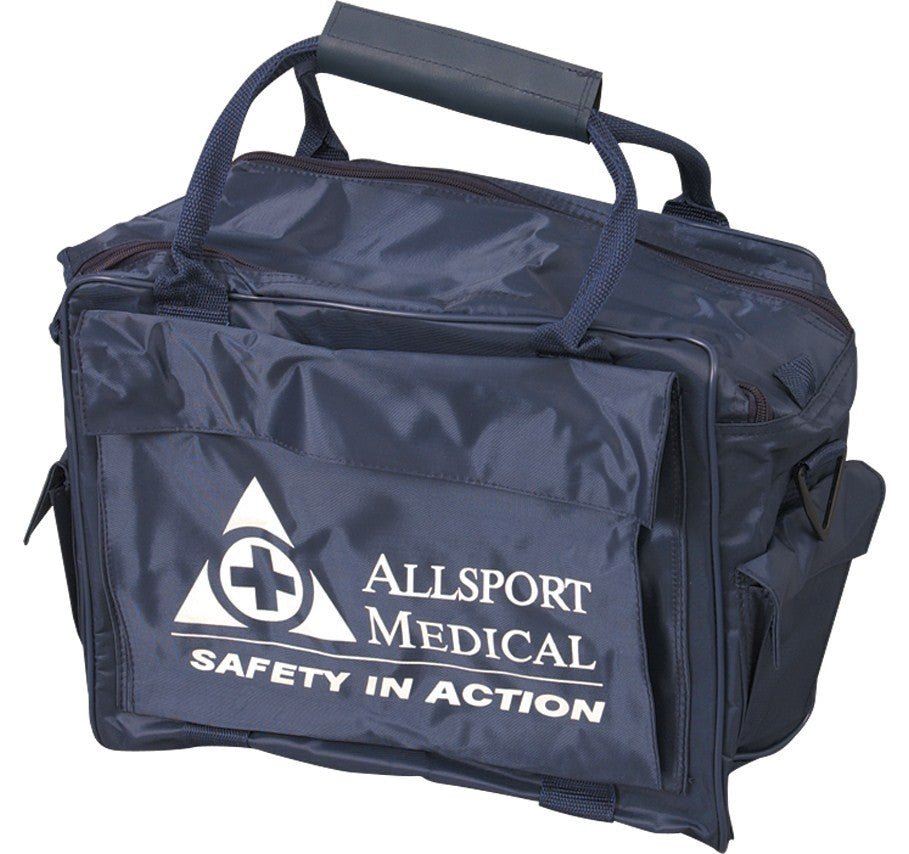 Ram Rugby navy blue water resistant first aid bag with durable fabric, ideal for sports medical supply storage and transport