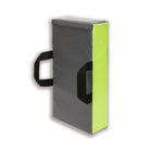 Ram Rugby Neon Yellow Grey Flat Hit Shield showing durable PVC surface and ergonomic straps for rugby training impact absorption