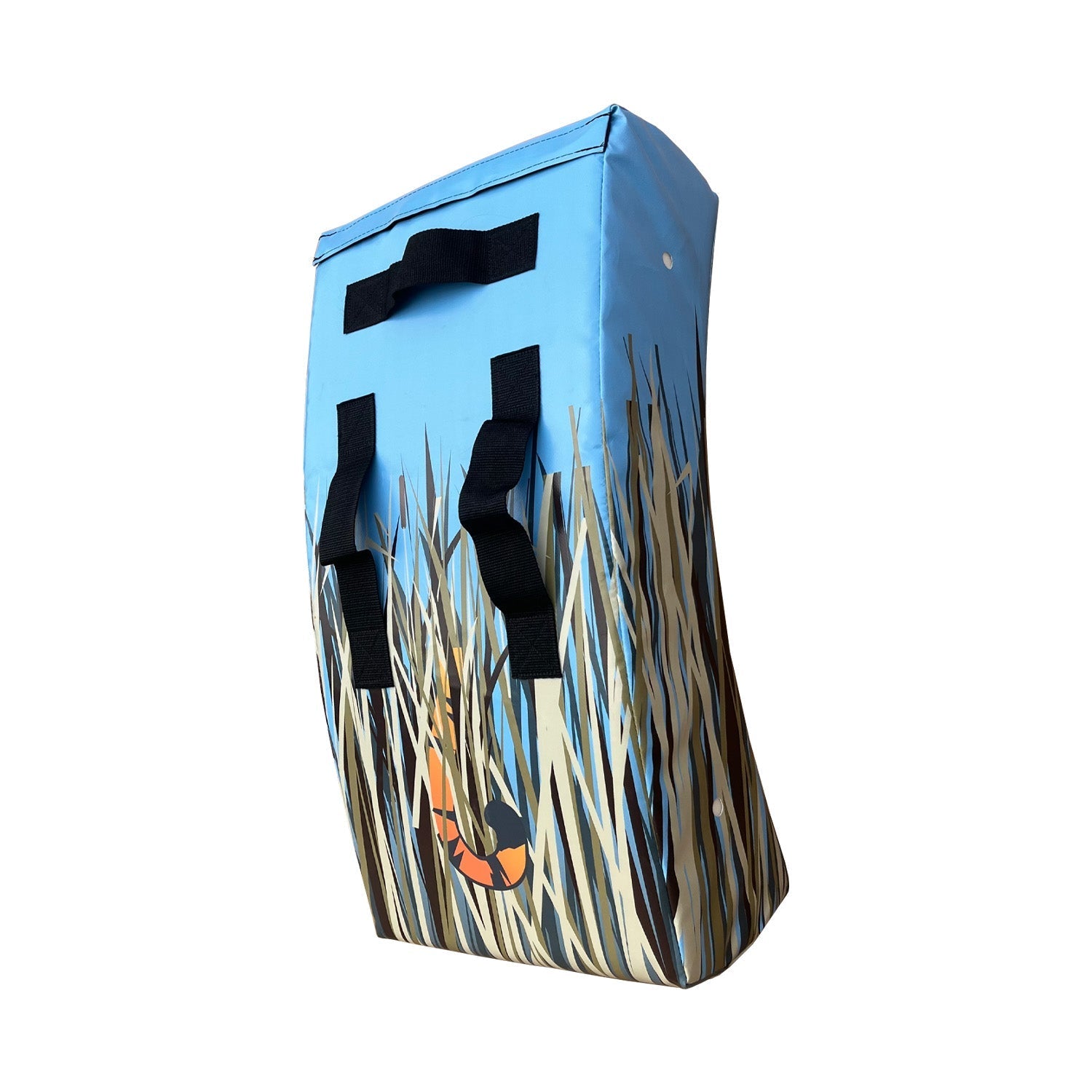 Ram Rugby Animal Design Curve Hit Shield in blue vinyl with padded handle, ideal for versatile rugby contact training drills