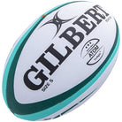 Gilbert Atom rugby match ball in white and orange with Truflight valve and durable G-SR rubber grip for consistent play
