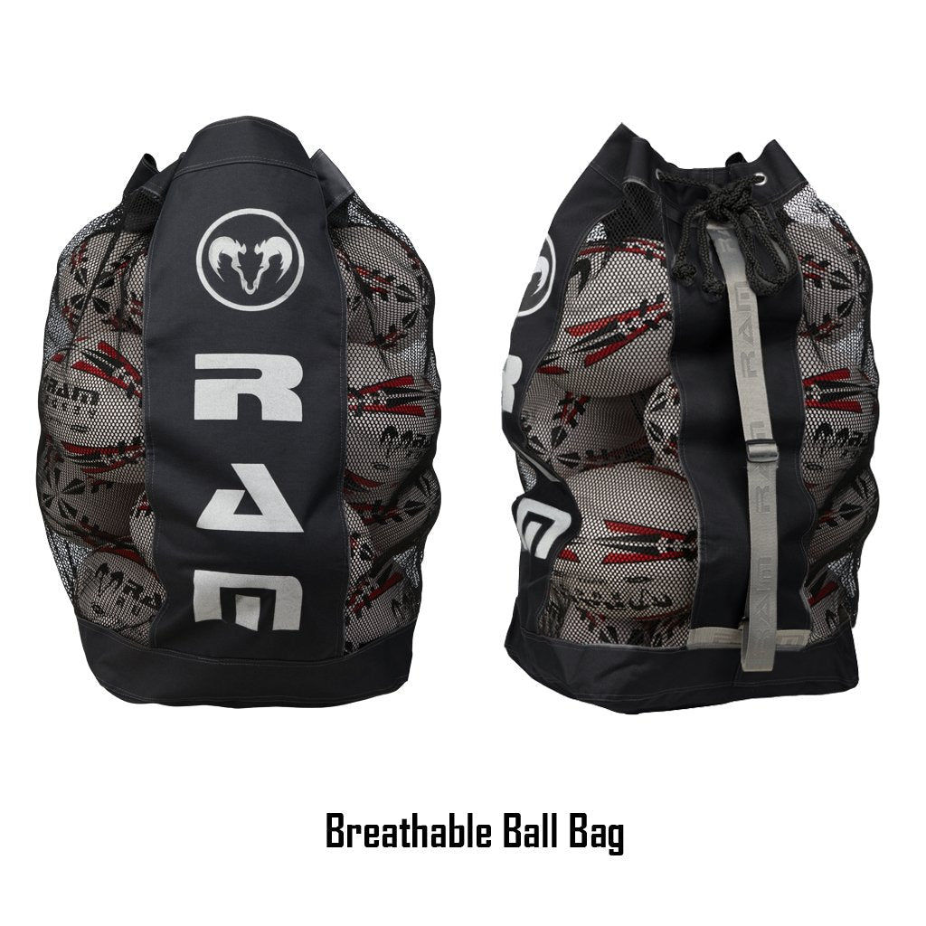 Ten Gilbert Atom match rugby balls stacked inside a black breathable bag designed for size 5 balls storage.