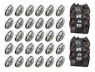 Thirty Gilbert G-TR4000 trainer rugby balls stacked with two black breathable bags for size 5 balls in bundle set
