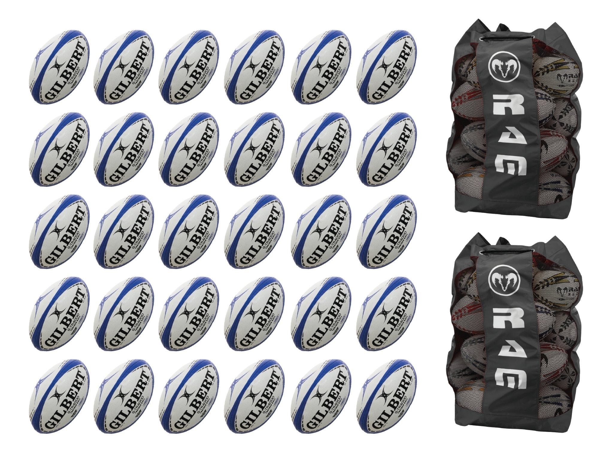 Thirty Gilbert G-TR4000 trainer rugby balls stacked with two large breathable Gilbert ball bags for size 5 balls storage