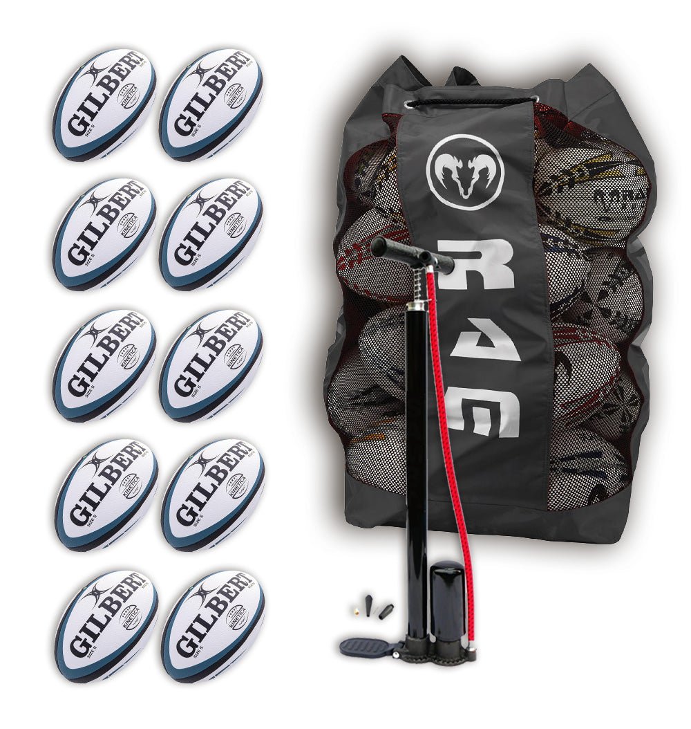 Gilbert Kinetica Rugby Match Ball Bundle with 10 durable match balls and breathable carry bag for club-level rugby training