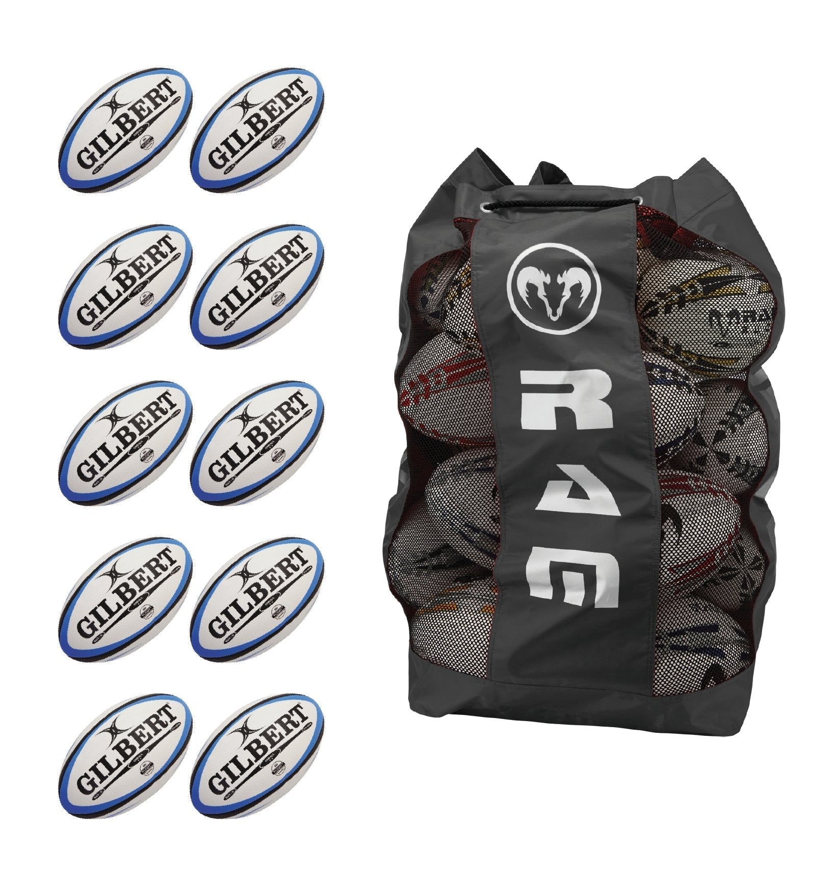 Ten Gilbert Omega Blue match rugby balls neatly stacked with a breathable bag for training and match play storage