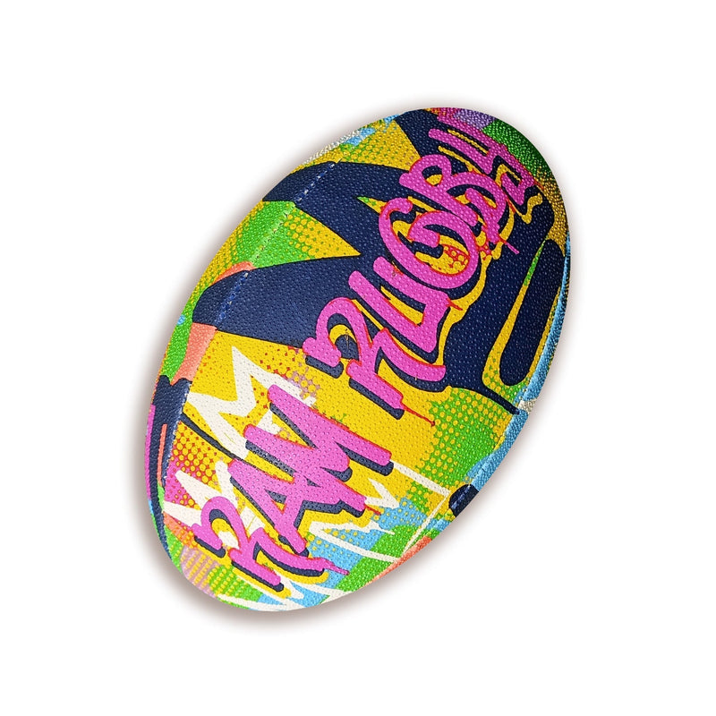 Ram Rugby Squad Trainer Ball with vibrant graffiti design, durable 3-ply polycotton and rubber laminate for practice sessions