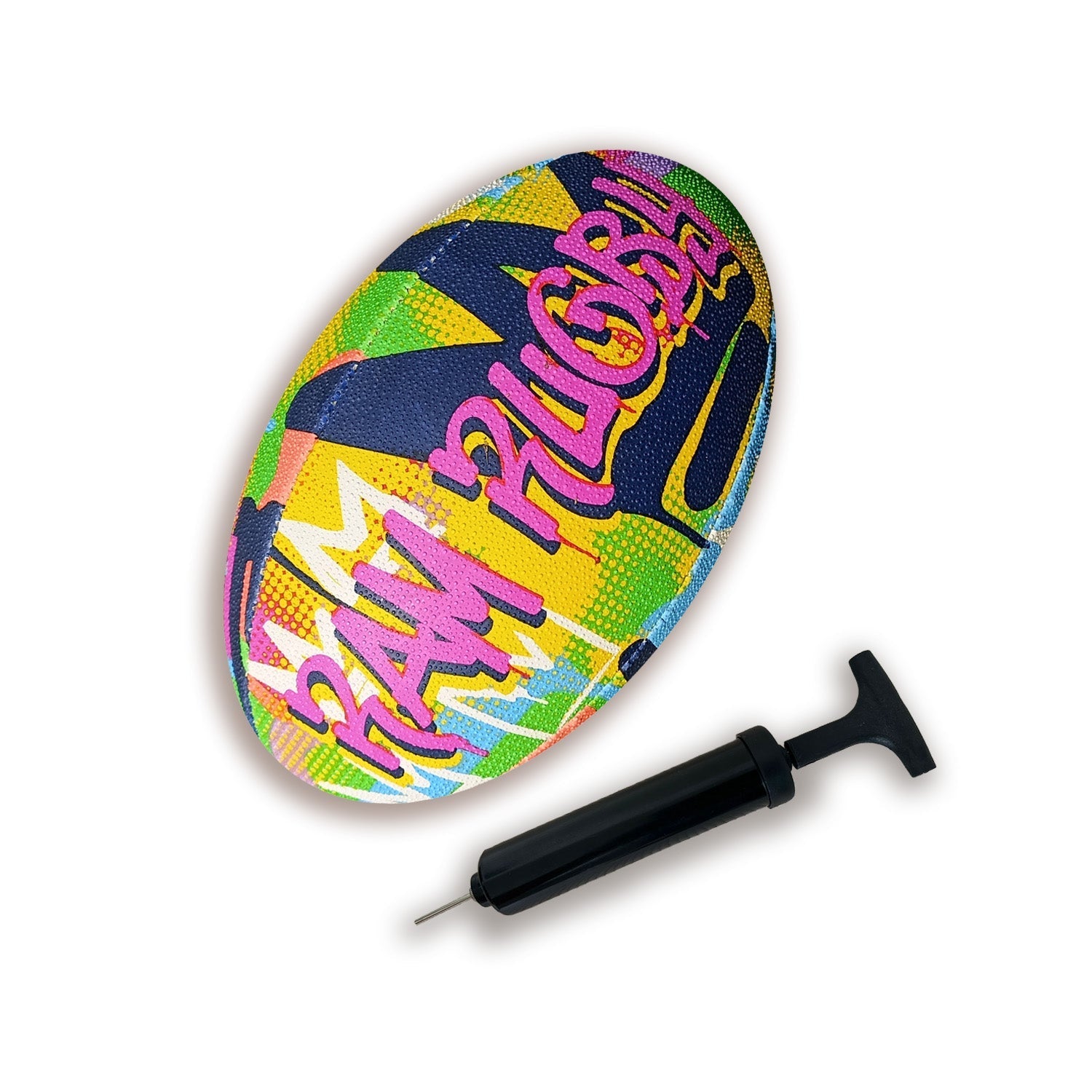 Ram Rugby Squad Trainer Ball with vibrant graffiti design, durable 3-ply polycotton and rubber laminate for practice