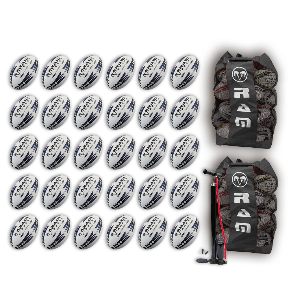 Thirty Ram Rugby Gripper 2.0 Pro Trainer rugby balls stacked next to two breathable black ball bags for storage and transport