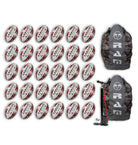 Thirty Ram Rugby Gripper 2.0 Pro Trainer rugby balls stacked with two black breathable ball storage bags for team practice
