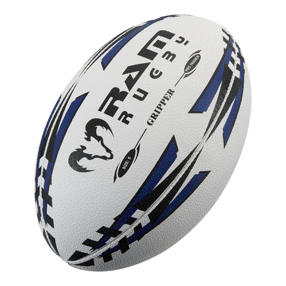 Thirty Ram Rugby Gripper 2.0 Pro Trainer rugby balls stacked with two black breathable storage bags for sports training bundle