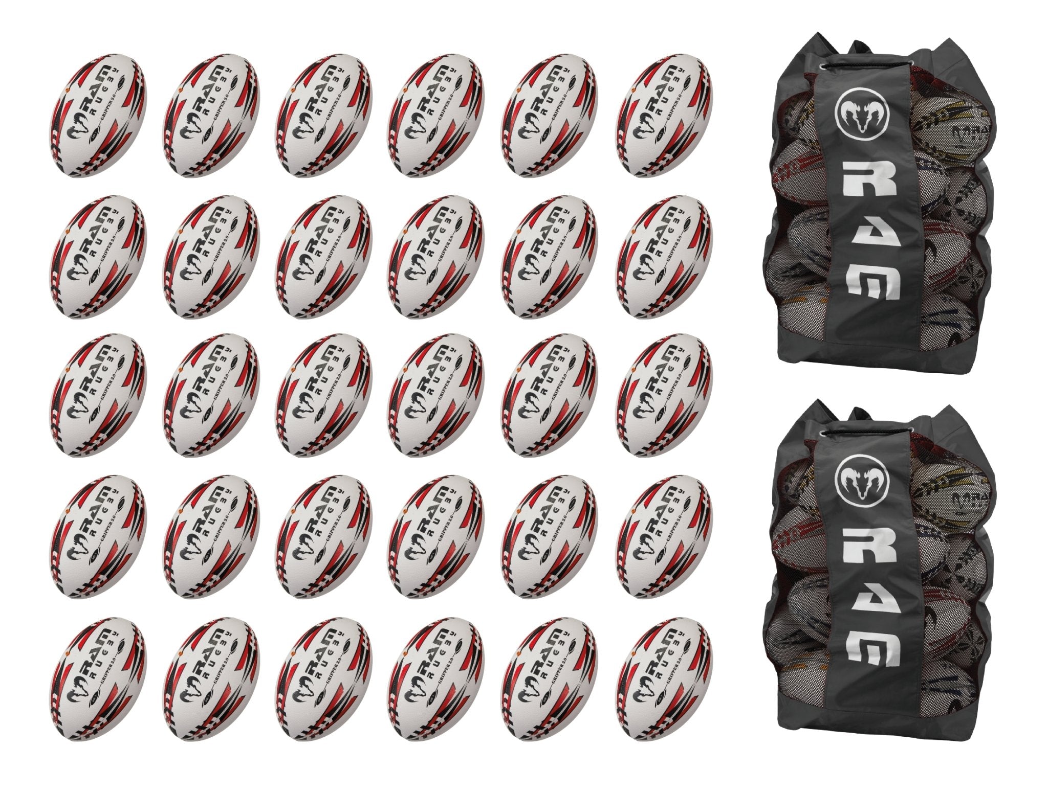 Thirty Ram Rugby Gripper 2.0 Pro Trainer rugby balls stacked with two breathable black storage bags for ball transport.