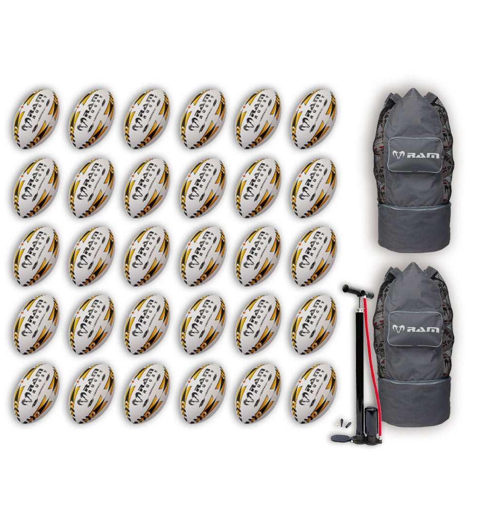 Thirty Ram Rugby Gripper 2.0 Pro Trainer rugby balls stacked near two black breathable ball bags for sports storage and transport