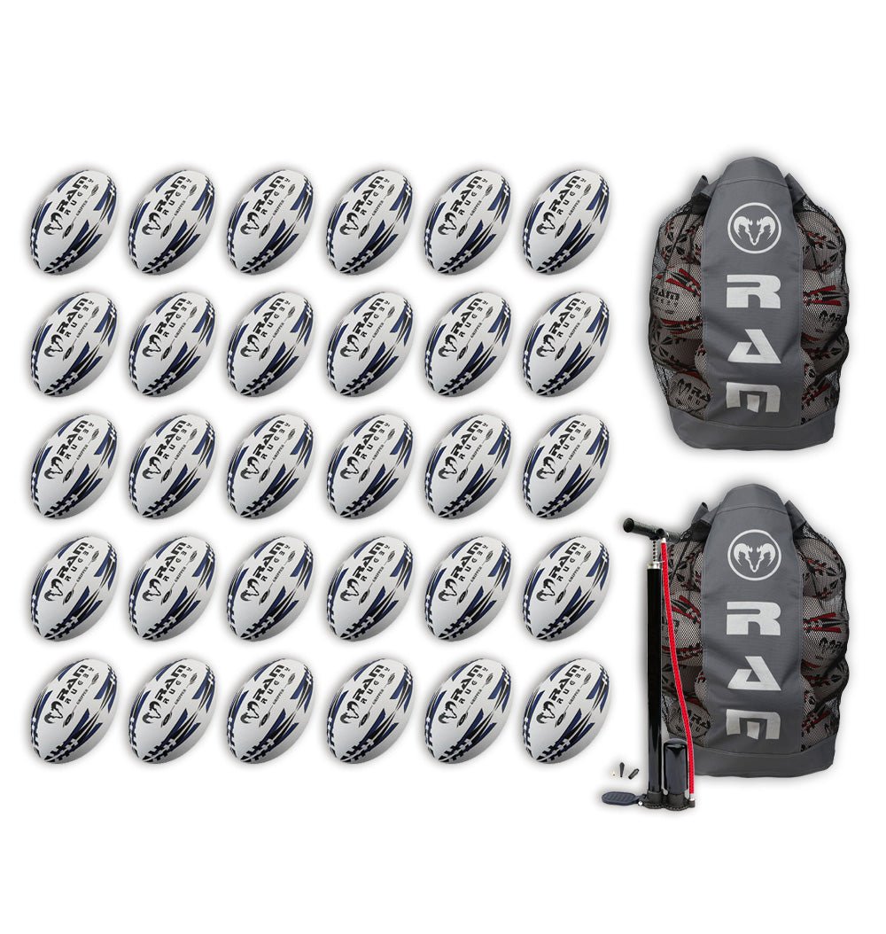 Thirty Ram Rugby Gripper 2.0 Pro Trainer rugby balls stacked with two black breathable storage bags for training bundle sale