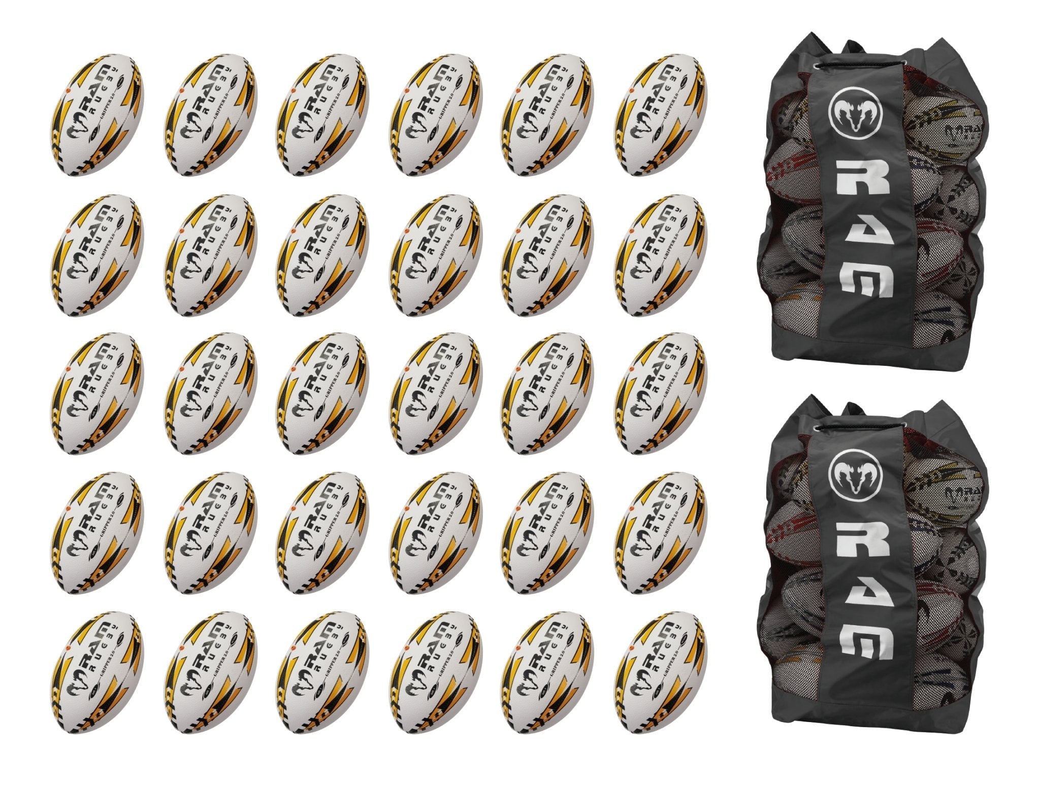 Stack of 30 Ram Rugby Gripper 2.0 Pro Trainer rugby balls with 2 breathable black ball bags for training and storage