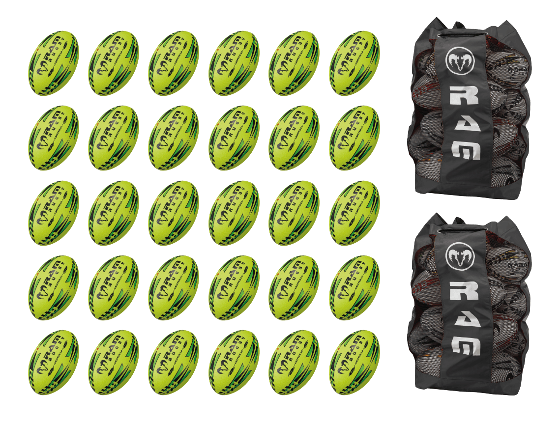 Stack of 30 neon yellow, orange, and green Ram Rugby Gripper 2.0 Pro Trainer balls with two black mesh storage bags