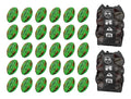 Stack of neon yellow, orange, and green Ram Rugby Gripper 2.0 Pro Trainer balls with two breathable storage bags for training